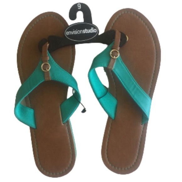 Envision Studio Shoes - ENVISION STUDIO Sandals Colorful Turquoise and Tan Flip Flops Women’s Size 9 NWT